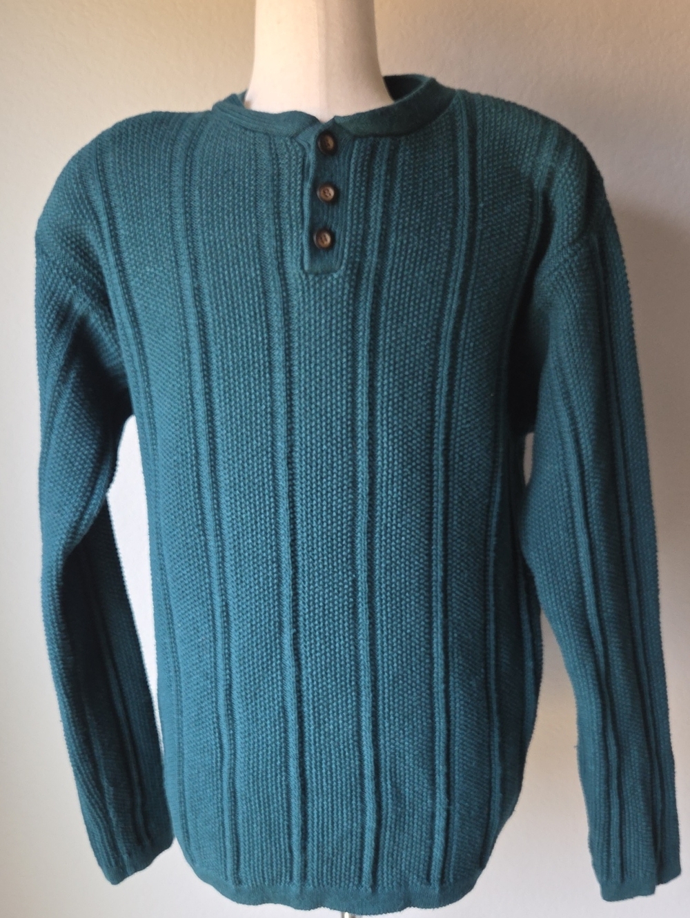 Structure Hunter Green Ribbed Henley Crewneck Knit Sweater Buttons Men Small